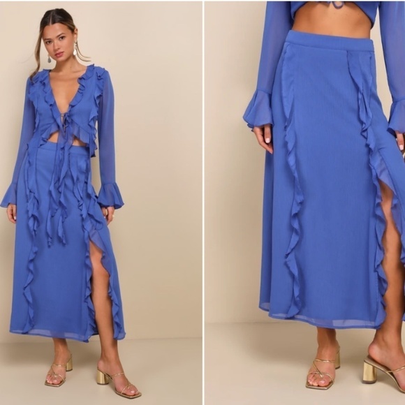 LULU's Boho Bohemian Flowy Romantic Ruffle Chiffon Blue Maxi Skirt NWT - Picture 4 of 5
